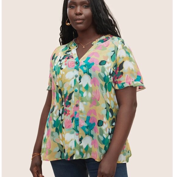 Bloomchic Floral Print Frill Trim Button Detail Blouse - NWT - 2X - Picture 1 of 12